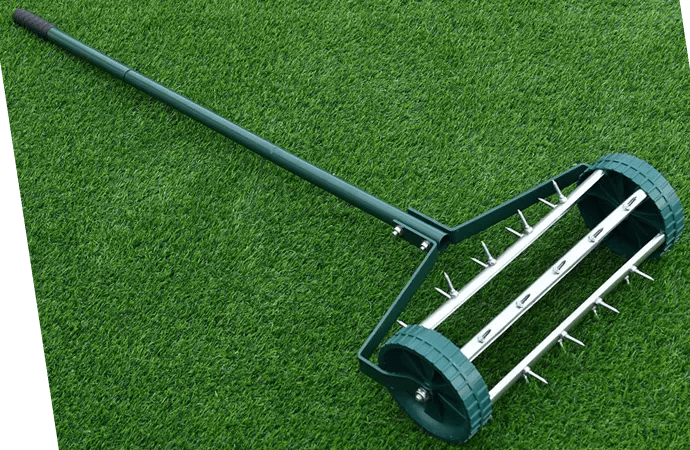 A lawn aerator is a tool designed to create holes in the soil in order to help grass grow by enabling air, water and nutrients to penetrate the soil.